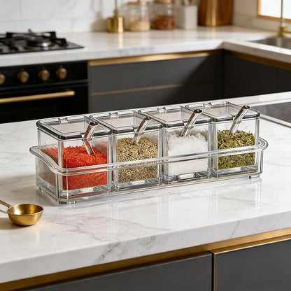 Clear 4-Piece Condiment Seasoning Container Set with Lids & Spoons | 4pc clear condiment set with lids & spoons, non-slip tray countertop storage for salt sugar pepper spice