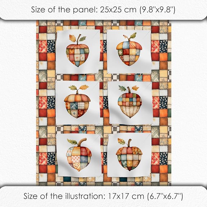 Patchwork Acorn Cotton Fabric Panel – 6 Designs (10×10 inch Each) + Bonus Sheet 29.5×19.6 inch, 100% Cotton 140 GSM, Made in Türkiye