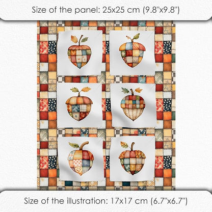 Patchwork Acorn Cotton Fabric Panel – 6 Designs (10×10 inch Each) + Bonus Sheet 29.5×19.6 inch, 100% Cotton 140 GSM, Made in Türkiye