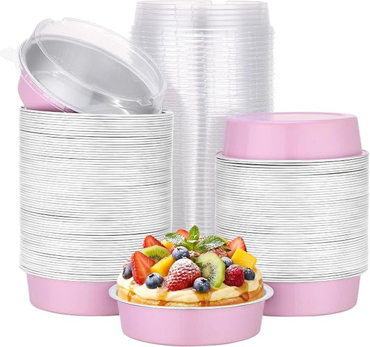Beasea 7.3oz Mini Pie Pans with Lids, 120 Pack 4 Inch Disposable Creme Brulee Ramekins Small Aluminum Foil Pie Tart Cake Baking Tin Pans Cheesecake Containers for Party - Pastel Pink