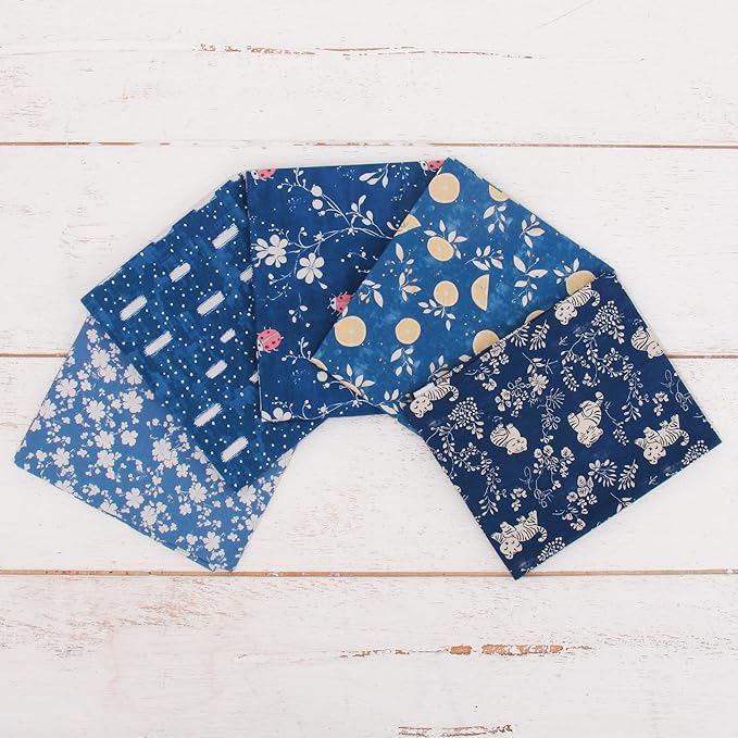 Threadart Exclusive 5 Fat Quarter Bundles - Dark Blue Vintage Prints 100% Cotton Fabric - Premium 100% Cotton Quilting Fabric - No Duplicates - Full Size Fat Quarters 18"x21" - Dark Blue