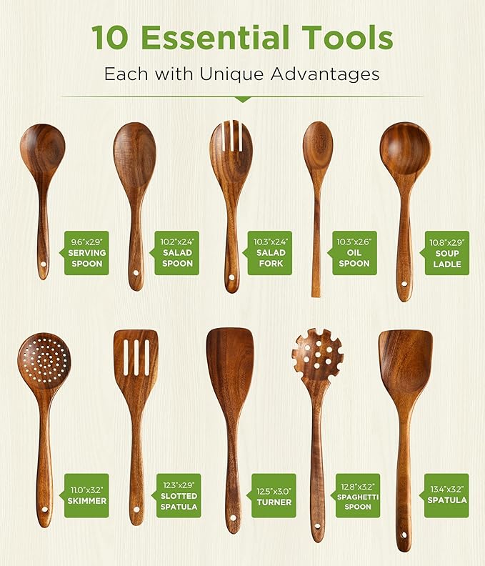 Wooden Utensil Set - 10 Pcs Teak Wooden Spoons for Cooking, Non Toxic, Heat Resistant, Durable & Safe for Kitchen Nonstick Cookware