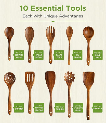 Wooden Utensil Set - 10 Pcs Teak Wooden Spoons for Cooking, Non Toxic, Heat Resistant, Durable & Safe for Kitchen Nonstick Cookware