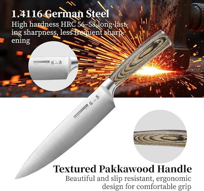 ZHANG XIAO QUAN Chef Knife, 8 Inch 1.4116 German Steel Sharp Kitchen Knife with Pakkawood Handle, Comfortable for Cooking Cutting