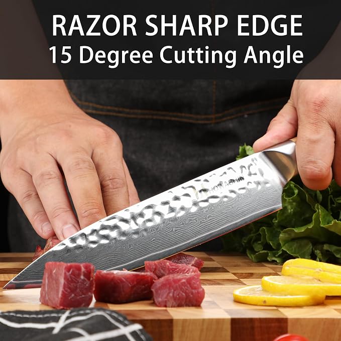 Chef Knife, 8 Inch Japanese Chefs Knife Professional Razor Sharp, VG-10 Damascus Stainless Steel Kitchen Knife with White Olive Wood Handle, Gift Box for Family & Restaurant