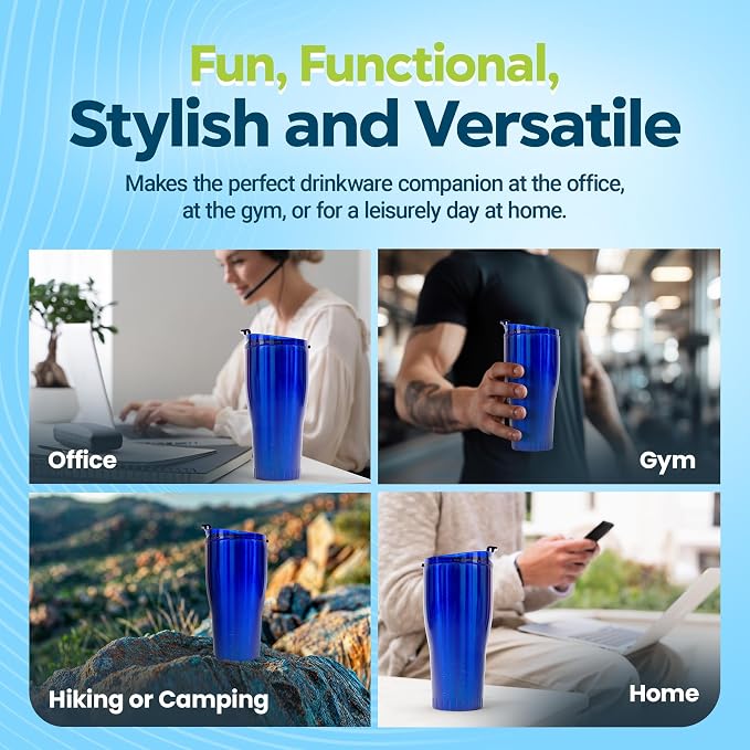 Silver Buffalo Double Walled Vacuum Insulated Stainless Steel Tumbler With Flip Top Lid Keeps Hot and Cold, Travel Coffee Mug Leakproof Lid, 30 Ounces, Royal Blue