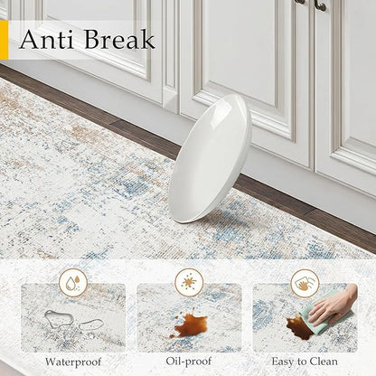 Kitchen Mats for Floor Set of 2 Anti Fatigue Waterproof Kitchen Rug Beige Blue Abstract Cushioned Non-Slip Kitchen Mats Comfort Standing Neutral Mat for Sink Laundry Office 17.3"×47"+17.3"×30"