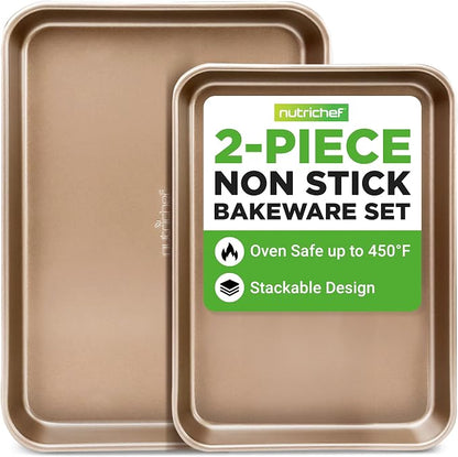 NutriChef 2-Piece Nonstick Stackable Cookie Sheet Set – Non-Toxic Carbon Steel Baking Pans – Heavy Duty, Warp-Resistant, Easy to Clean, Oven & Dishwasher Safe Bakeware