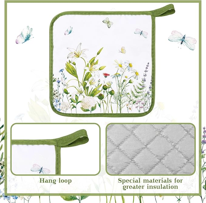 Bencailor 12 Pcs Pot Holders with Pocket Kitchen Hot Potholders Hot Pad Oven Mitts Cookie Bag Oven Gloves for Kitchen Gift Baking Cooking(Watercolor,Floral)