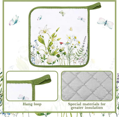 Bencailor 12 Pcs Pot Holders with Pocket Kitchen Hot Potholders Hot Pad Oven Mitts Cookie Bag Oven Gloves for Kitchen Gift Baking Cooking(Watercolor,Floral)