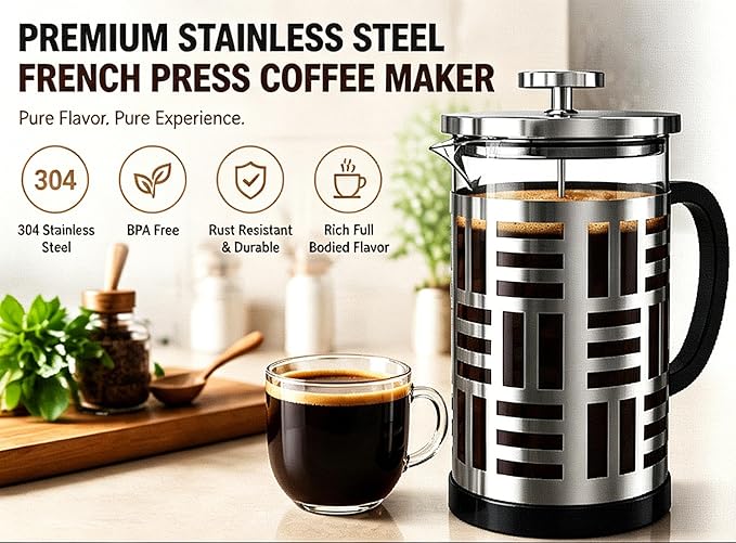 French Press Coffee Maker 34 oz, Glass Coffee Press with 316 Stainless Steel Filter, Plastic-Free Brewer for Coffee, Cold Brew,Tea & Cocoa, With Extra Filter