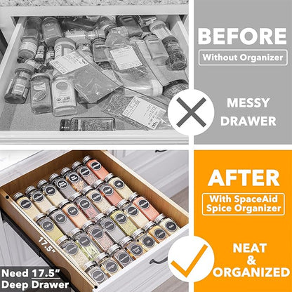 SpaceAid Spice Drawer Organizer with 28 Spice Jars, Bamboo Drawer Dividers with Inserts 4 Dividers with 9 Inserts (17-22 in)