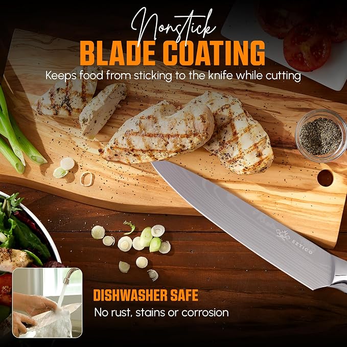 8 inch Professional Chef Cooking Knife with Finger Guard - Super Sharp Kitchen Knife for Precision Cutting - Ideal Kitchen Gadget for Chefs with Ergonomic Handle.