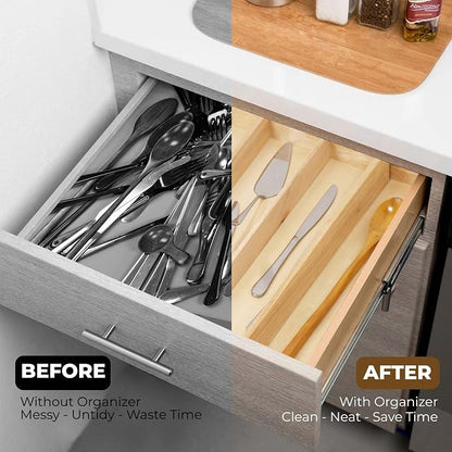 Utensils Organizer Rubberwood, Expandable Silverware Drawer Organizer with 5 Compartments, Wooden Kitchen Storage Tray Holder for Cutlery, Flatware & Utensils