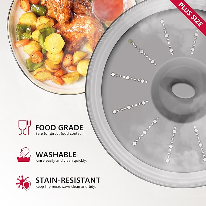 WVM Microwave Splatter Cover Vented for Food with Hook Hole, Splatter Guard & Colander Kitchen Gadget for Food, Meal Prep, Grey, L(13.39"x3.94")-Pack of 1