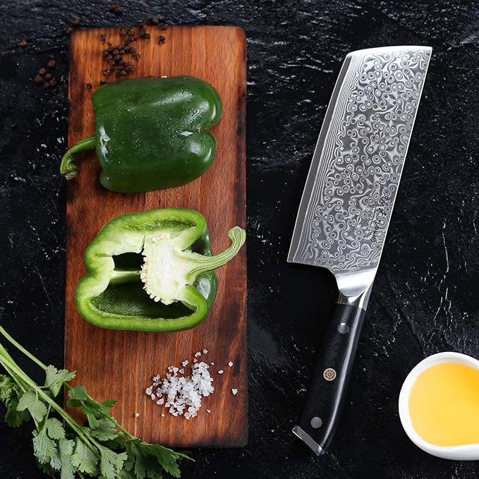 TURWHO Professional Nakiri Knife 7 Inch - Classic Damascus pattern Japanese VG-10 Steel Chef Knives