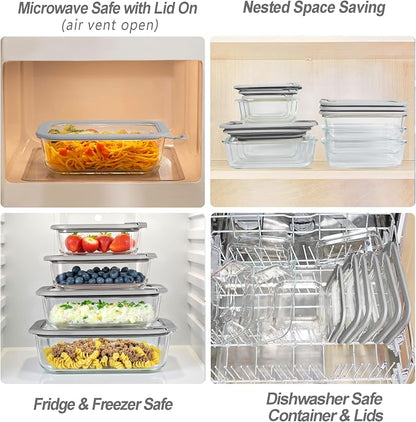 Glass Food Containers with Glass Lid, Microwave Safe Food Storage Container Set, 4 Pack of 35oz, Large Size Airtight Storage Set with Leak Proof Lids, Meal Prep Containers