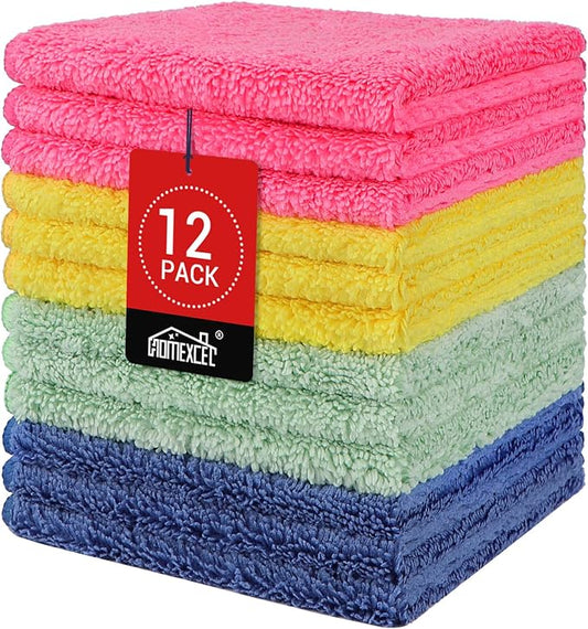HOMEXCEL Microfiber Washcloths 12 Pack, Highly Absorbent and Soft Face Towel, Multi-Purpose Wash Cloths for Bathroom, Gym, Hotel, Spa and Kitchen, 12x12 Inch, Assorted Set