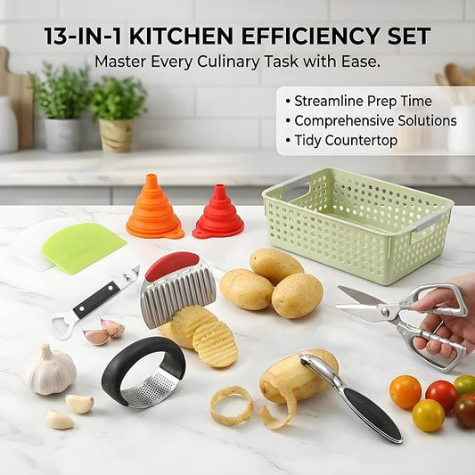 13-Piece Kitchen Gadget Set (Includes Storage Basket) — Features Kitchen Shears, Garlic Press, Knife Sharpener, Julienne Peeler, Standard Peeler, Anti-Scald Tongs, and Bottle Opener — A Home Essential