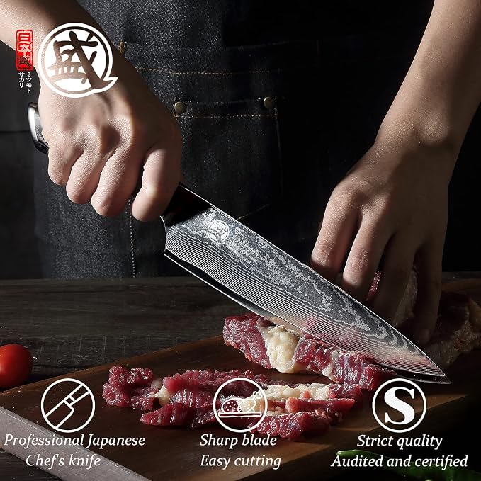 MITSUMOTO SAKARI 8 Inch Japanese Chef Knife, AUS-10 Japanese Gyuto High Carbon Steel Core Gyuto Knife, Hand Forged Professional Kitchen Knife, Sandalwood Box for Family & Restaurant