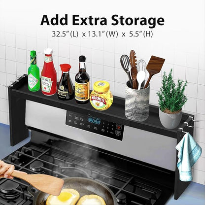 IIIOIIIA Bamboo Over the Stove Spice Shelf for Kitchen, 31.5" Spice Rack Organizer Shelf with 6 hooks, 11.4" Height Extra Storage Countertop, Easy to Assemble, Black