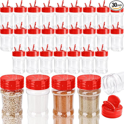 30 Pcs 2 oz Mini Plastic Spice Jars with Sifters Clear Empty Spice Bottles Round Seasoning Containers for Travel Kitchen (Red Top with 2 Side Hole)