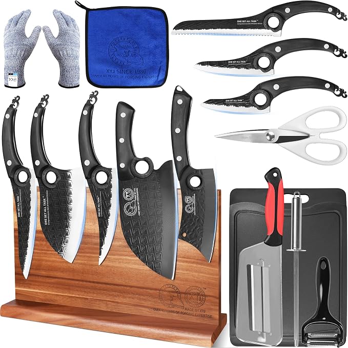 XYJ Kitchen Knives Set with Magnetic Knife Block, Cutting Board, Sharpener Rod, Scissors, Gloves, High Carbon Steel Blades, Bread Slicing Cleaver Vegetable Butcher Cooking Chef Knives