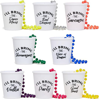 Funky Junque 8 Pack Bachelorette Shot Glass Necklaces with Sarcastic Sayings, Beaded Party Favors for Girls Night out - 8 Pack: Sarcasm Bundle