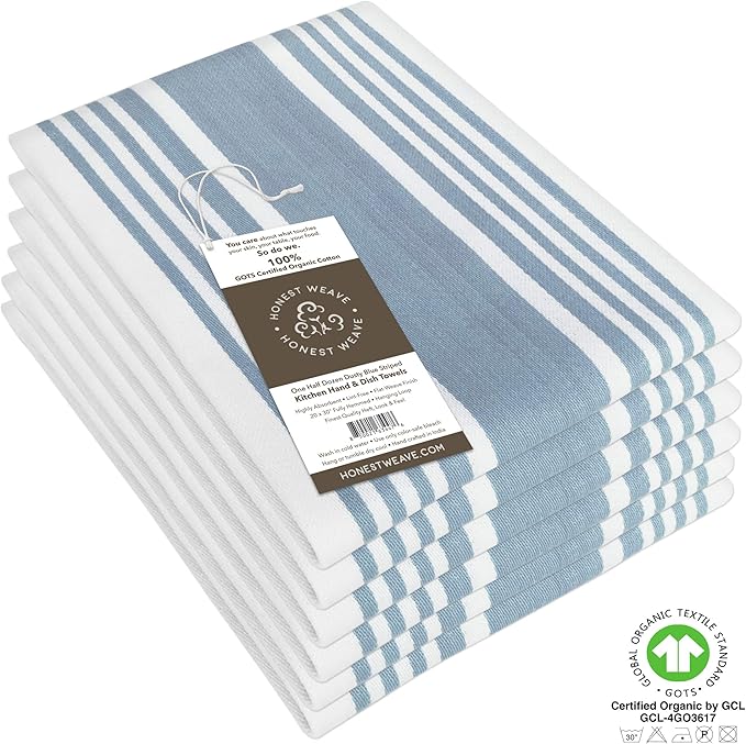 HONEST WEAVE GOTS Certified Organic Cotton Kitchen Hand and Dish Towel Sets - Oversized 20x30 inches, Fully Hemmed, in Designer Colors, 6-Pack, Dusty Blue Stripe