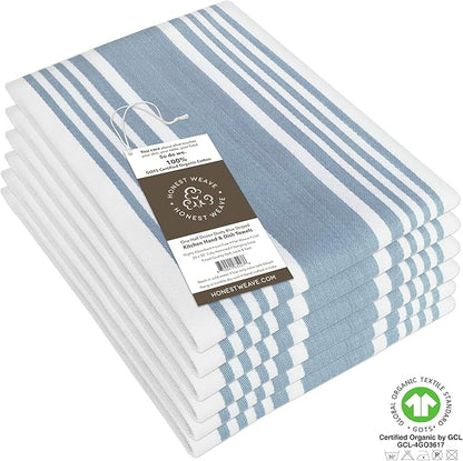 HONEST WEAVE GOTS Certified Organic Cotton Kitchen Hand and Dish Towel Sets - Oversized 20x30 inches, Fully Hemmed, in Designer Colors, 6-Pack, Dusty Blue Stripe