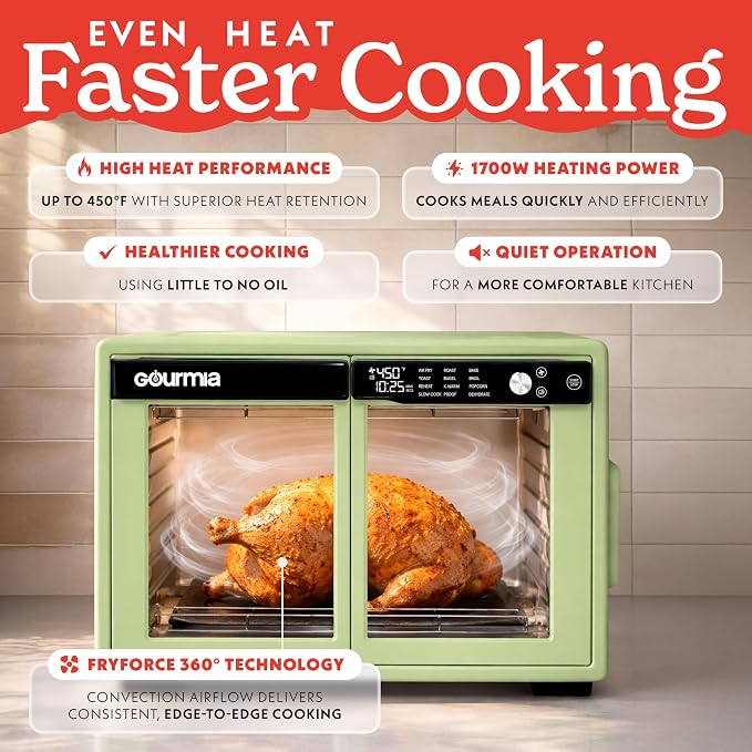 Gourmia French Door Air Fryer Oven - 37 Qt Large Capacity Convection Toaster Oven, FryForce 360°, Digital Display, 12 Cooking Presets, Dehydrate, Fits 13” Pizza, Dishwasher-Safe, Green