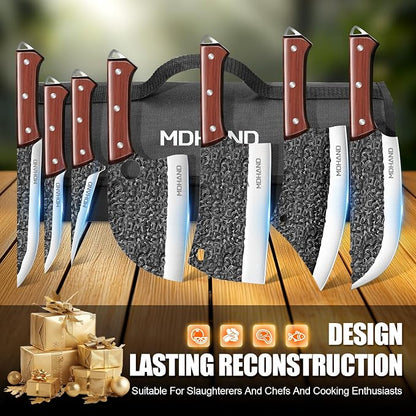 MDHAND Butcher Knife Set, Hand Forged Professional Chef Knife Set with Roll Bag, Sharp Meat Cleaver Knife & Bone Chopper Knives & Fillet Knife for Home Kitchen & Camping BBQ, Gifts for Men Women