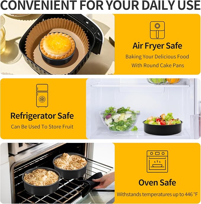 P&P CHEF Cake Pan Set of 3, Non-Stick Round Baking Cake Pans Tins for Tier Smash Cakes, Non-Toxic & Solid, Stainless Steel Core & Leak-Proof, 6 Inch