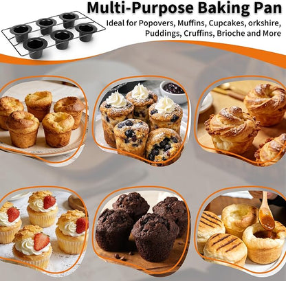 Nonstick Popover Pans, 2Pack Popover Baking Pans with Cooling Rack, 12-Cavity Pop Over & Yorkshire Pudding Pan, Individual Cups for Even Heating, Versatile for Cupcakes, Muffins, Brioche, Carbon Steel