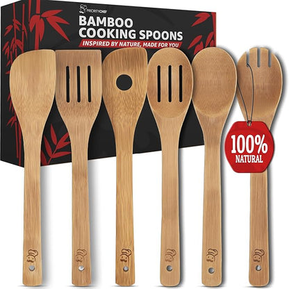 PriorityChef Wooden Spoons for Cooking, 6Pc Non Scratch Bamboo Cooking Utensils, Non-Toxic Wooden Utensil Set, Easy to Clean Kitchen Utensils Set for Everyday Use on All Cookware Types