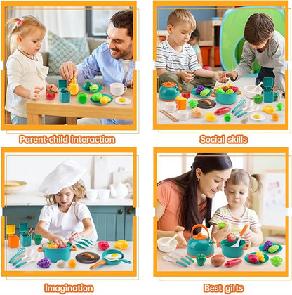 56Pcs Mini Play Kitchen Accessories for Kids, Pretend Cooking Playset with Cookware, Tableware & 2 Fruit Sets, Learning Gift for Girls, Boys, Toddlers, Green