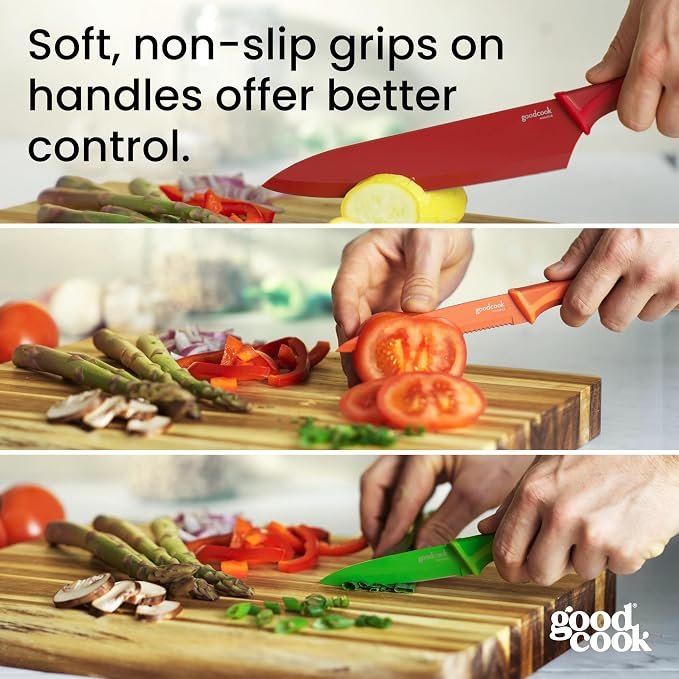 GoodCook Knife Set High Carbon Stainless Steel Kitchen Knives with Nonstick Finish Slip Resistant Grips and Protective Sheaths, Set Includes Paring Utility and Chef's Knives, 3-Piece Set, Multicolor