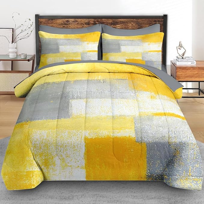 Pamnest Comforter Set Full Size, Grey Yellow Painting Gray 7 Pcs Bedding for Kids and Adults, Office Contemporary Abstract Bed Sheet Sets with Fitted Sheet 2 Pillowcase & 2 Sham for Bedroom Bed Decor