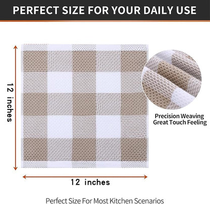 Homaxy 100% Cotton Waffle Weave Check Plaid Dish Cloths, 12 x 12 Inches, Super Soft and Absorbent Dish Towels Quick Drying Dish Rags, 12-Pack, White & Khaki