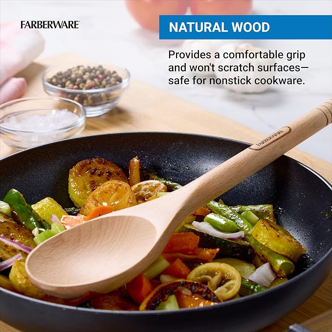 Farberware Professional Beechwood Wooden Spoon for Cooking - Durable Natural Wood Kitchen Utensil, Safe for Nonstick Cookware, Perfect for Stirring and Basting, Hand Wash Only