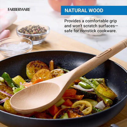 Farberware Professional Beechwood Wooden Spoon for Cooking - Durable Natural Wood Kitchen Utensil, Safe for Nonstick Cookware, Perfect for Stirring and Basting, Hand Wash Only