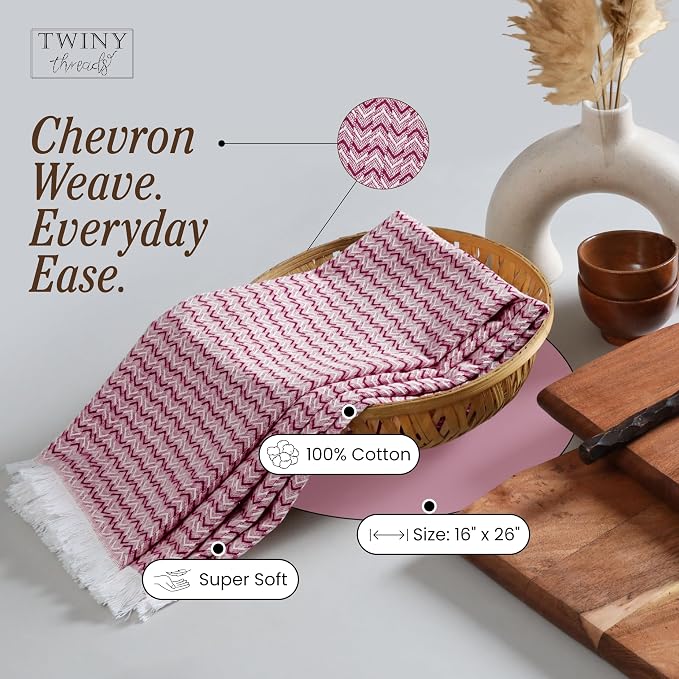 TWINY threads Dish Towel Chevron Pattern, Premium 100% Cotton Kitchen Linen Set, Large Wash Rags for Drying Dishes, Absorbent Quick Drying, Reusable, 4 Pack, 16"x26", Burgundy Wine