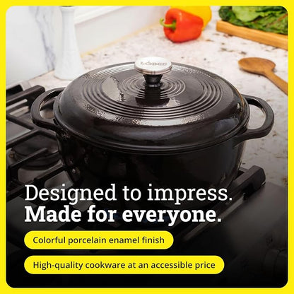 Lodge Essential Enamel Cast Iron Dutch Oven 6 Quarts - Perfect for Bread Baking, Braising, Marinating & Slow Cooking, Features Moisture-Sealing Lid & Dual Handles, Kitchen Essentials, Midnight Chrome