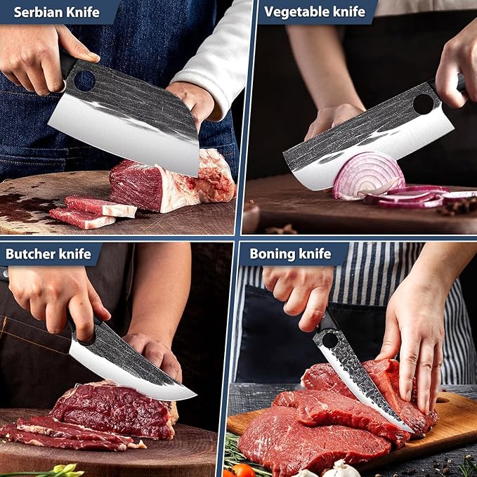 TIVOLI Professional Butcher Knife Set for Meat Processing, 7Pcs High Carbon Steel Hand Forged BBQ Knife Sets, Serbian Chef Knife Set with Ergonomic Handle for Kitchen Outdoor Cooking Gifts