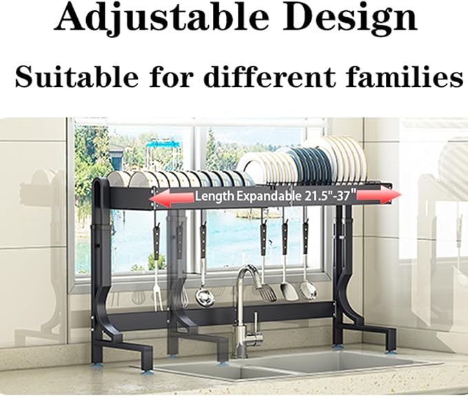Over the Sink Dish Drying Drainer Rack - Height & Width Adjustable Large Capacity Stainless Steel Kitchen Storage Organization Plate Strainers Above Kitchen Counter (W21.2-37" ~ H18.5-22" Black)