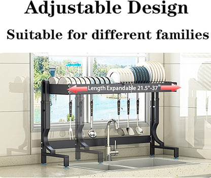 Over the Sink Dish Drying Drainer Rack - Height & Width Adjustable Large Capacity Stainless Steel Kitchen Storage Organization Plate Strainers Above Kitchen Counter (W21.2-37" ~ H18.5-22" Black)