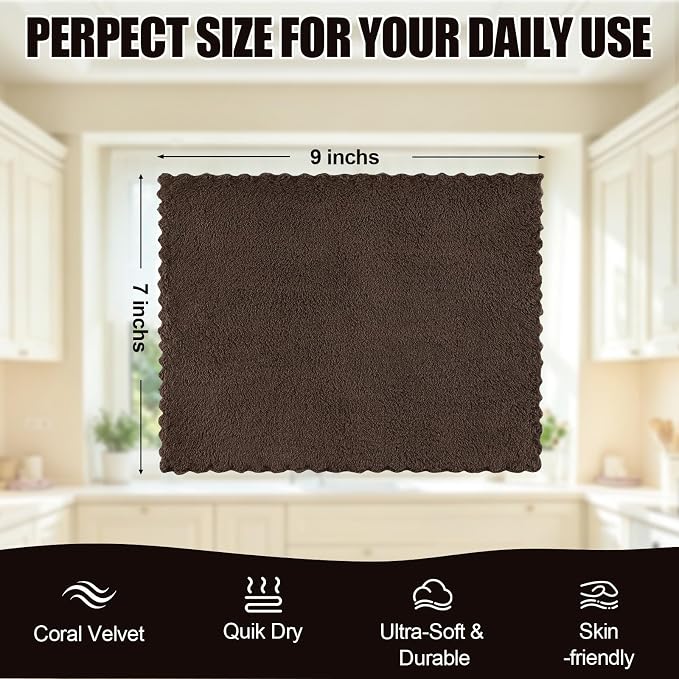 Kitinjoy 24 Pack Kitchen Cloths Dish Towels (7" x 9", Brown), Super Soft and Absorbent Dish Cloths, Nonstick Oil Fast Drying Coral Velvet Microfiber Cleaning