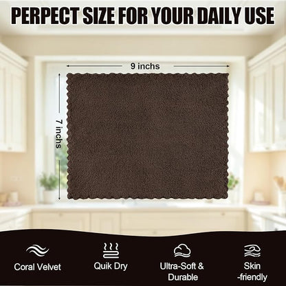 Kitinjoy 24 Pack Kitchen Cloths Dish Towels (7" x 9", Brown), Super Soft and Absorbent Dish Cloths, Nonstick Oil Fast Drying Coral Velvet Microfiber Cleaning