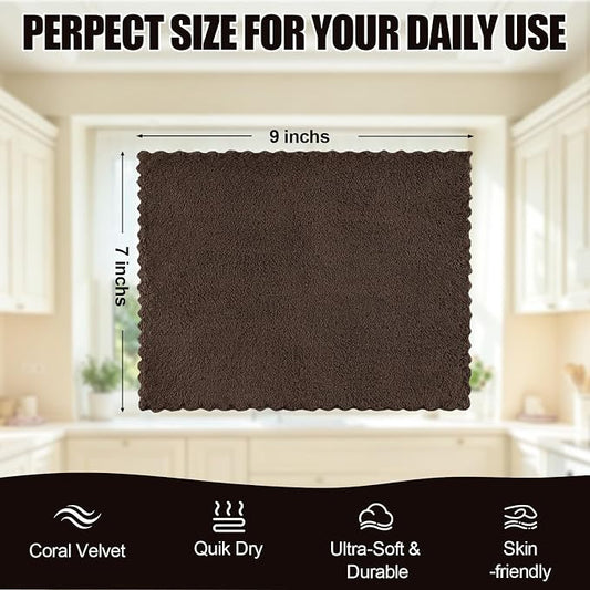 Kitinjoy 24 Pack Kitchen Cloths Dish Towels (7" x 9", Brown), Super Soft and Absorbent Dish Cloths, Nonstick Oil Fast Drying Coral Velvet Microfiber Cleaning