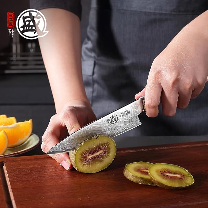 MITSUMOTO SAKARI 5.6-Inch Japanese Paring Knife, Hand Forged Damascus VG-Pro Steel Core Petty Knife, Precision Peeling & Detail Cutting for Fruits & Veg